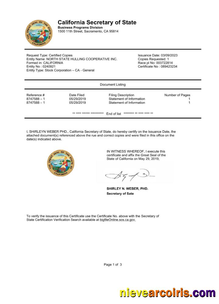 USA California State Document Autentication certificate